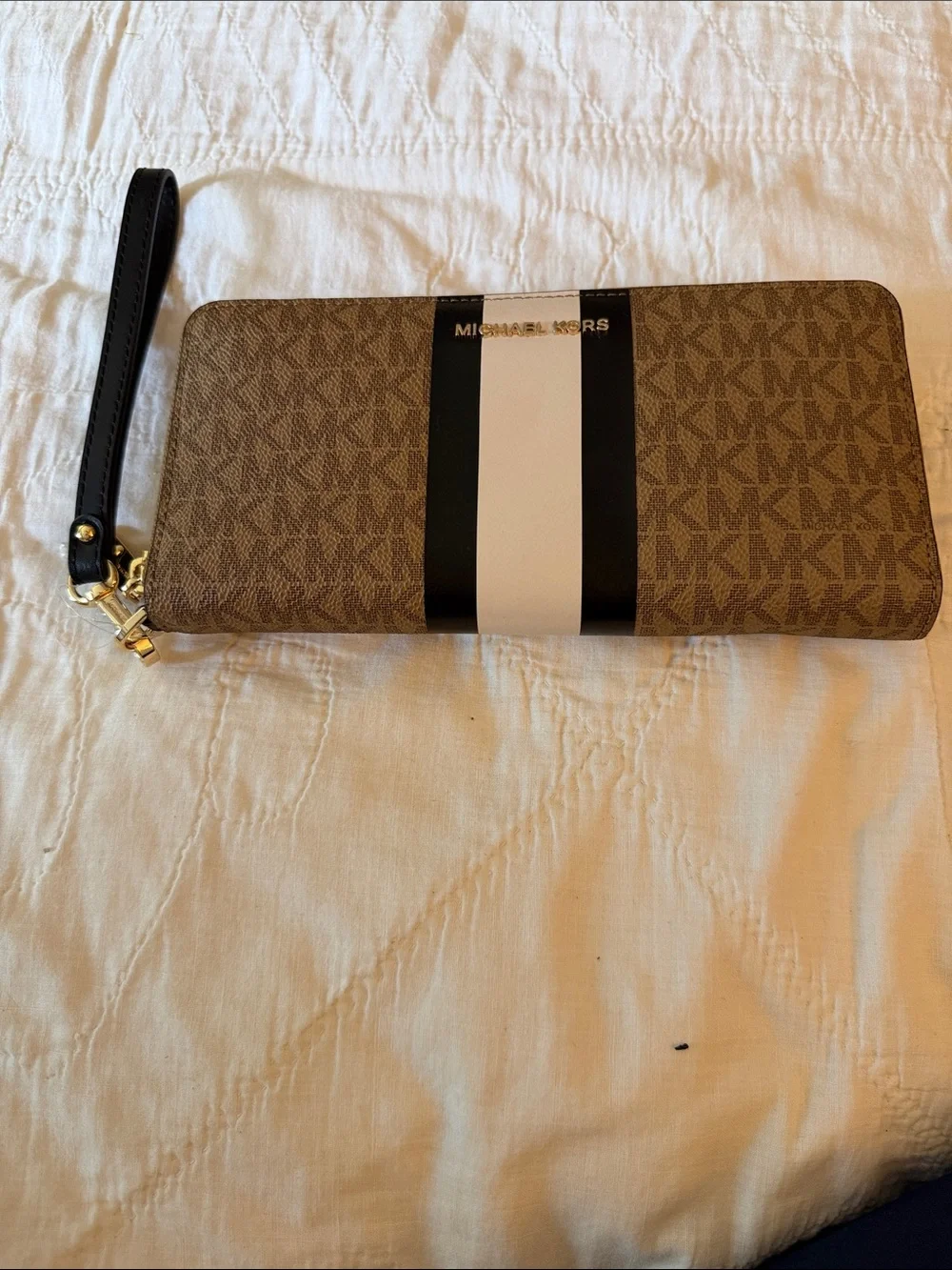 Michael Kors Brown Logo Zip Card Holder with Black and Cream Stripe